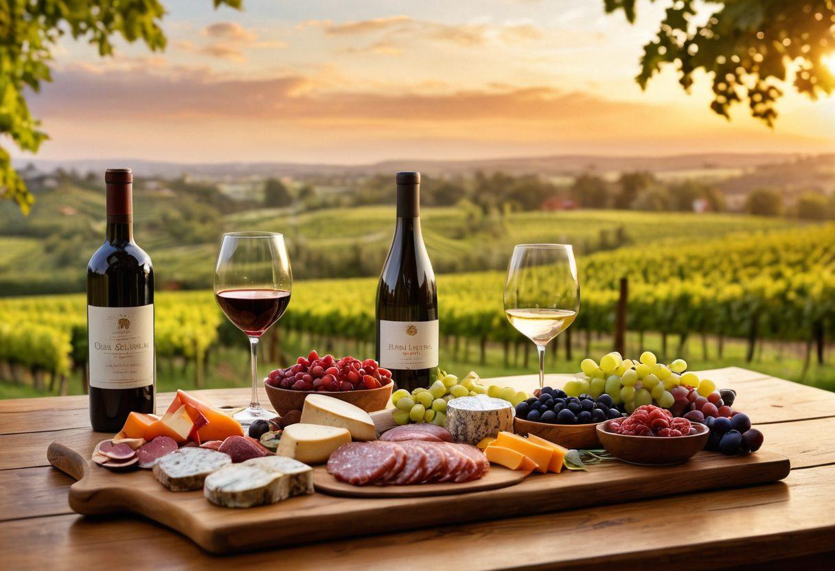 An elegantly set wooden table featuring an assortment of fine wines, crystal glasses, and a charcuterie board with gourmet cheeses and fruits. Soft, golden lighting creates a warm ambiance, enhancing the luxurious feel of the scene. In the background, softly blurred vineyards under a sunset sky evoke a sense of tranquility. Artistic elements like wine bottles with unique labels can be strategically placed. super-realistic. vibrant colors. soft focus.