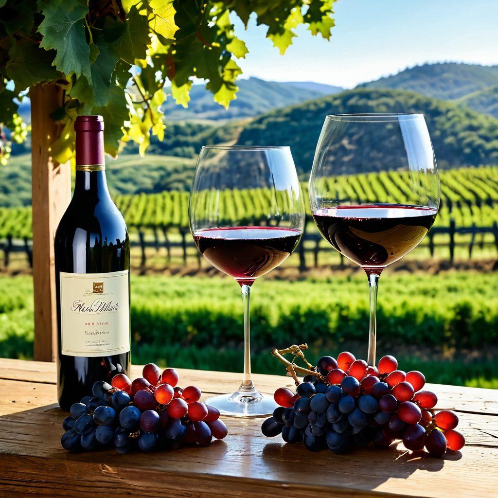 A beautifully arranged vineyard with ripe grapes hanging from the vines, transitioning into a vintage wine glass filled with deep red wine, sparkling against sunlight. Elements of wine corks, a decanter, and tasting notes scattered artfully around. An inviting wooden table set outdoors with lush green hills in the background, showcasing the journey from vineyard to glass. vibrant colors. super-realistic.