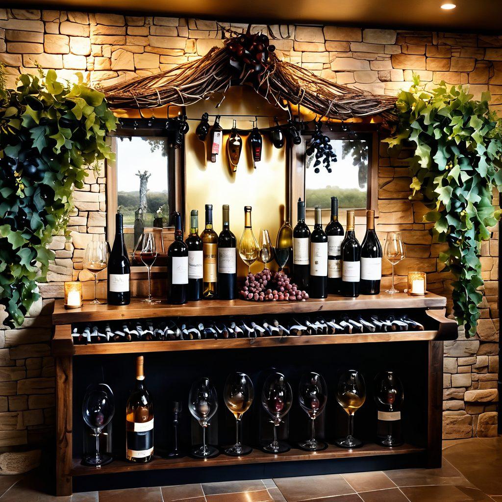 A beautifully arranged display of unique wine merchandise, including personalized wine glasses, artisanal corkscrews, and elegant wine holders. The backdrop features a rustic vineyard scene with grapes hanging from vines, and soft golden sunlight filtering through. A curated selection of wine bottles is elegantly placed among the merchandise, inviting the viewer to indulge in the wine lover's paradise. The overall atmosphere should convey warmth, sophistication, and a sense of discovery. vibrant colors. super-realistic. warm lighting.